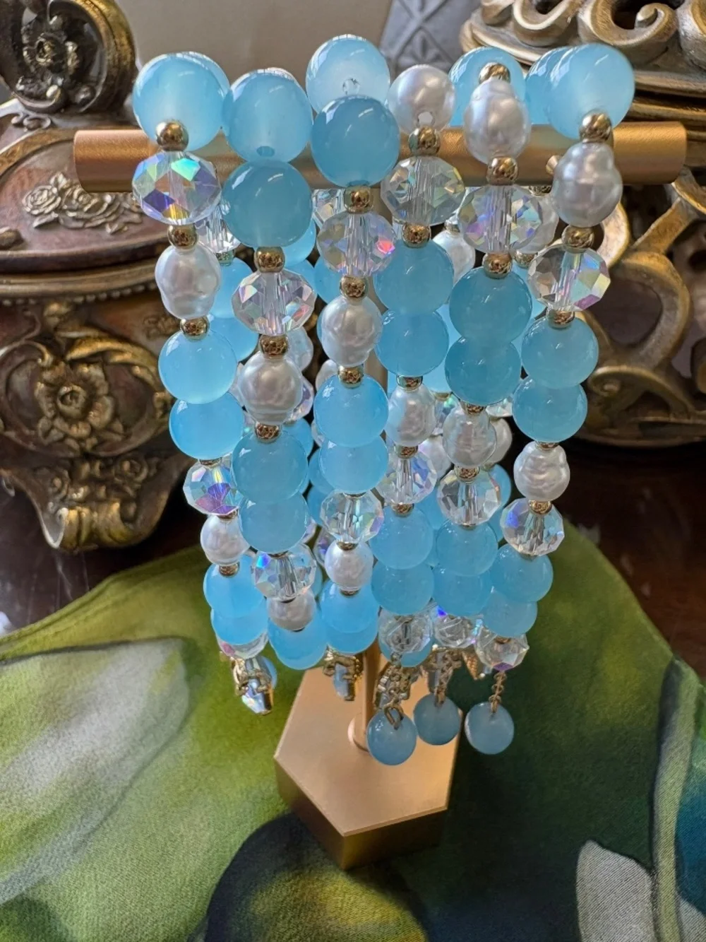 Sky Blue Glass Beaded and Faux Pearl Bracelet in Goldtone Set of Three